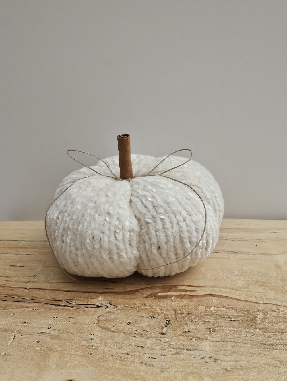 Handmade Cream Velvet Pumpkin Decor with Cinnamon Stem